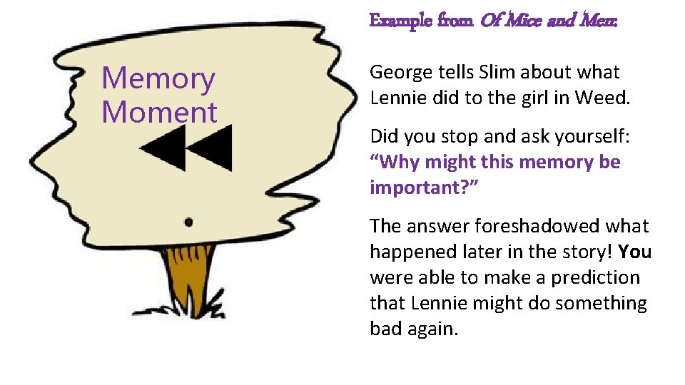 Example from Of Mice and Men: Memory Moment George tells Slim about what Lennie