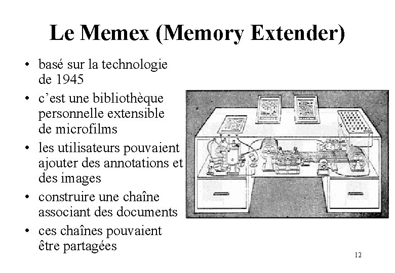 Le Memex (Memory Extender) • basé sur la technologie de 1945 • c’est une