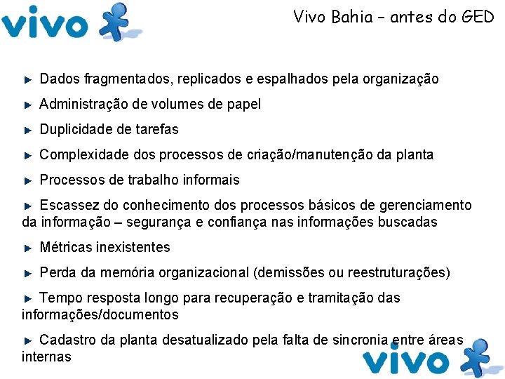 Vivo Bahia – antes do GED Dados fragmentados, replicados e espalhados pela organização Administração