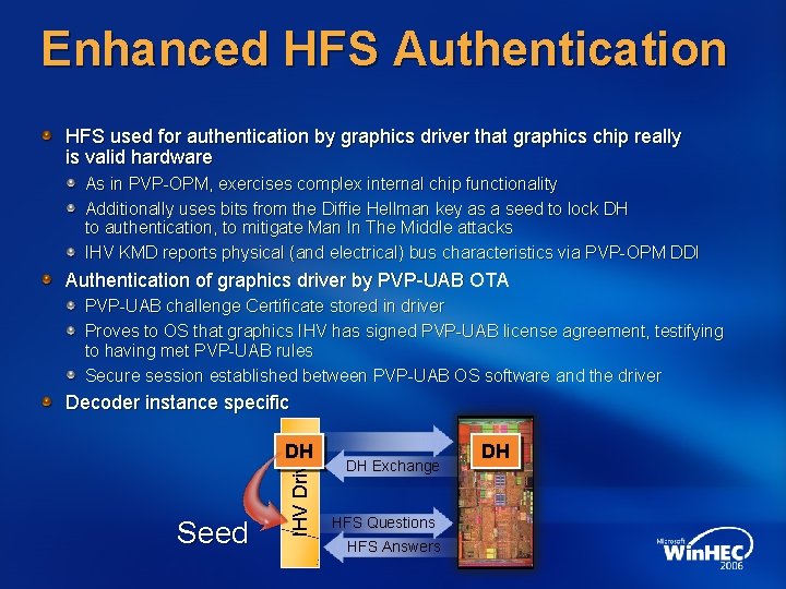 Enhanced HFS Authentication HFS used for authentication by graphics driver that graphics chip really