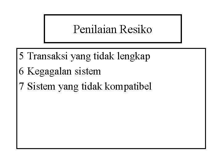 Penilaian Resiko 5 Transaksi yang tidak lengkap 6 Kegagalan sistem 7 Sistem yang tidak