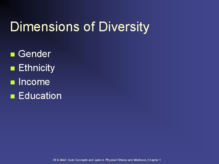 Dimensions of Diversity n n Gender Ethnicity Income Education Fit & Well: Core Concepts