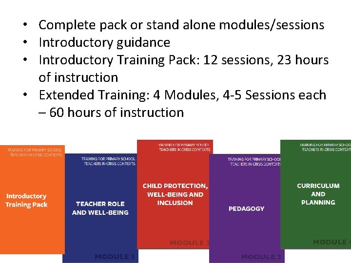  • Complete pack or stand alone modules/sessions • Introductory guidance • Introductory Training