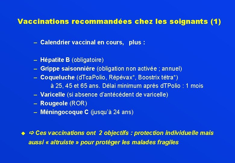 Vaccinations recommandées chez les soignants (1) – Calendrier vaccinal en cours, plus : –
