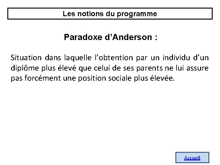 Les notions du programme Paradoxe d’Anderson : Situation dans laquelle l’obtention par un individu Les notions du programme Paradoxe d’Anderson : Situation dans laquelle l’obtention par un individu