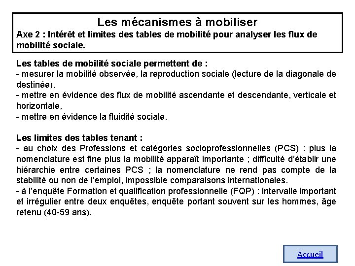 Les mécanismes à mobiliser Axe 2 : Intérêt et limites des tables de mobilité Les mécanismes à mobiliser Axe 2 : Intérêt et limites des tables de mobilité