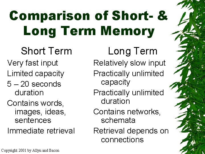 Comparison of Short- & Long Term Memory Short Term Very fast input Limited capacity