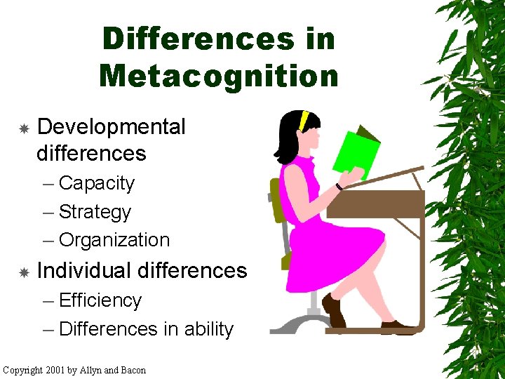 Differences in Metacognition Developmental differences – Capacity – Strategy – Organization Individual differences –