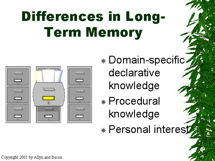 Differences in Long. Term Memory Domain-specific declarative knowledge Procedural knowledge Personal interest Copyright 2001