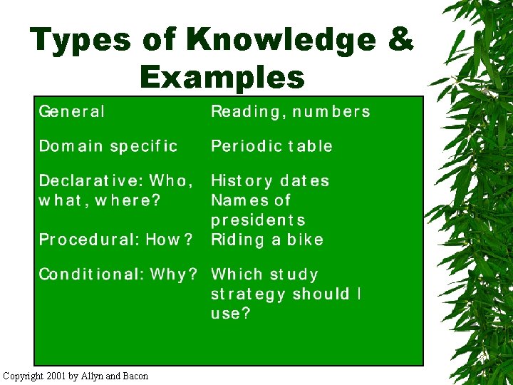 Types of Knowledge & Examples Copyright 2001 by Allyn and Bacon 