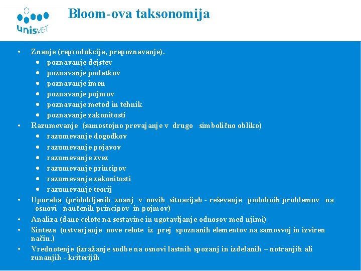 Bloom-ova taksonomija • • • Znanje (reprodukcija, prepoznavanje). poznavanje dejstev poznavanje podatkov poznavanje imen