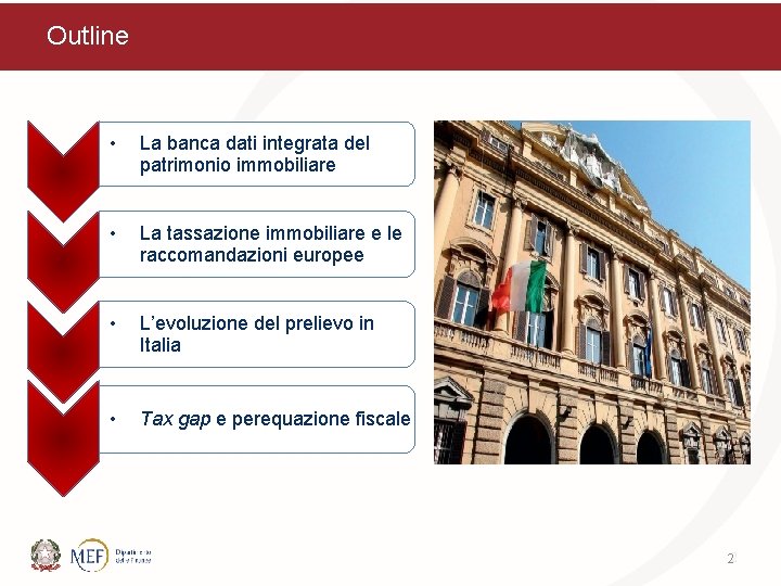 Outline • La banca dati integrata del patrimonio immobiliare • La tassazione immobiliare e