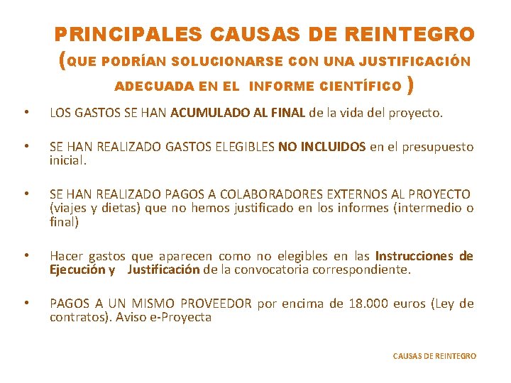 PRINCIPALES CAUSAS DE REINTEGRO (QUE PODRÍAN SOLUCIONARSE CON UNA JUSTIFICACIÓN ADECUADA EN EL INFORME