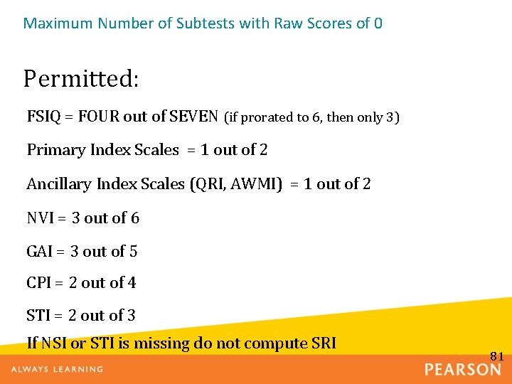 Maximum Number of Subtests with Raw Scores of 0 Permitted: FSIQ = FOUR out