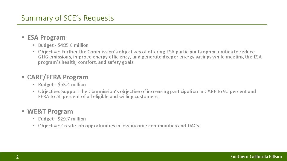 Summary of SCE’s Requests • ESA Program • Budget - $485. 6 million •