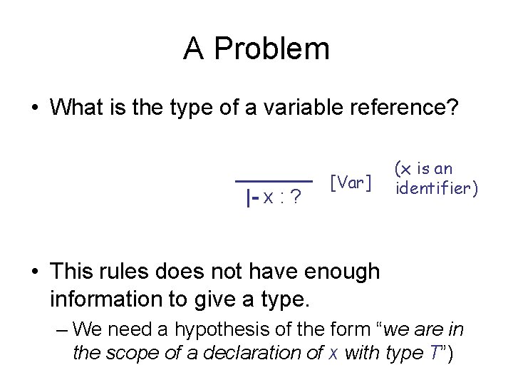 A Problem • What is the type of a variable reference? |- x :