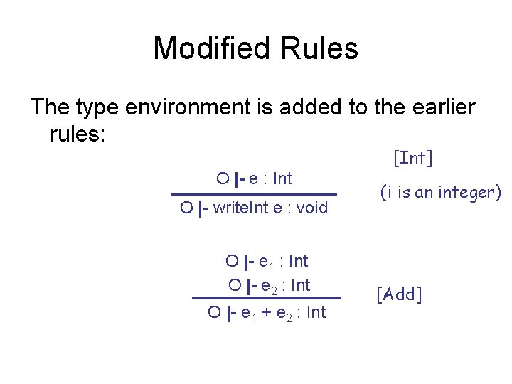 Modified Rules The type environment is added to the earlier rules: [Int] O |-