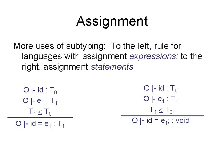 Assignment More uses of subtyping: To the left, rule for languages with assignment expressions;