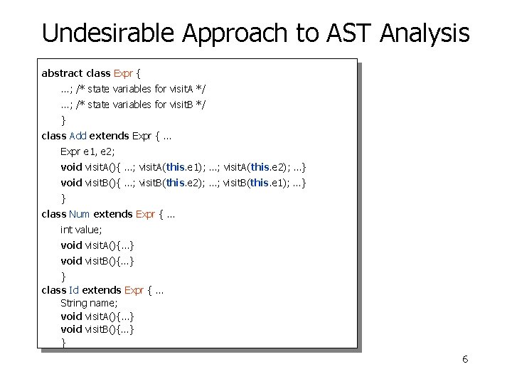 Undesirable Approach to AST Analysis abstract class Expr { …; /* state variables for