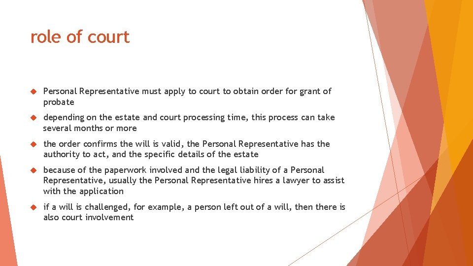 role of court Personal Representative must apply to court to obtain order for grant