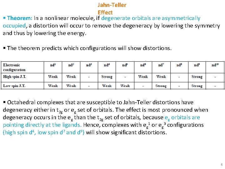 Jahn-Teller Effect § Theorem: In a nonlinear molecule, if degenerate orbitals are asymmetrically occupied,