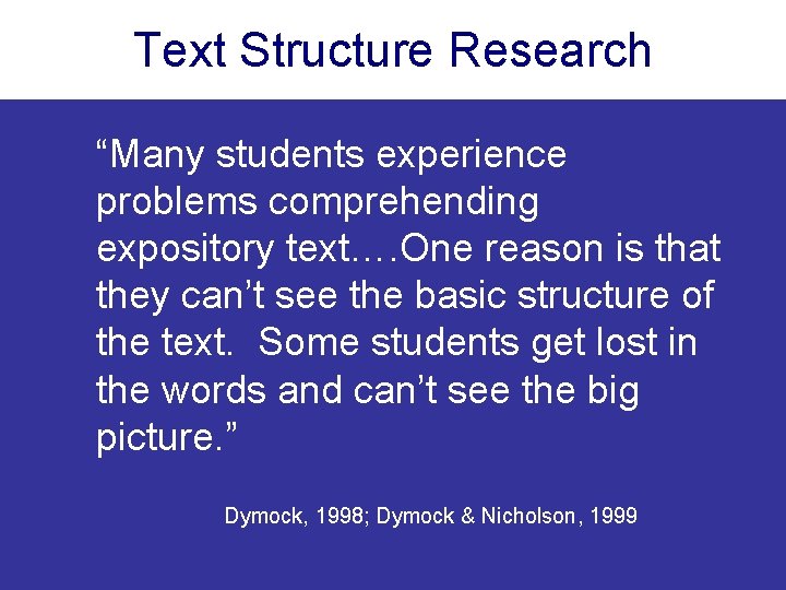 Text Structure Research “Many students experience problems comprehending expository text…. One reason is that