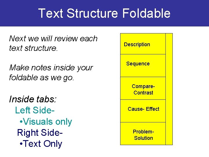 Text Structure Foldable Next we will review each text structure. Make notes inside your