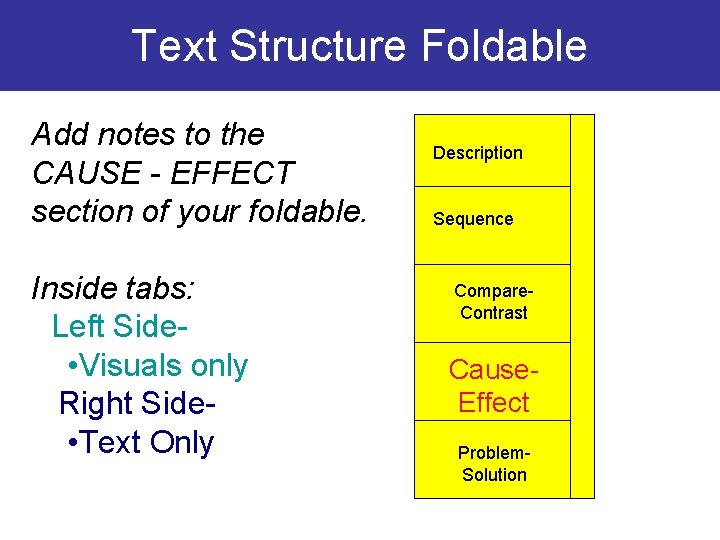 Text Structure Foldable Add notes to the CAUSE - EFFECT section of your foldable.