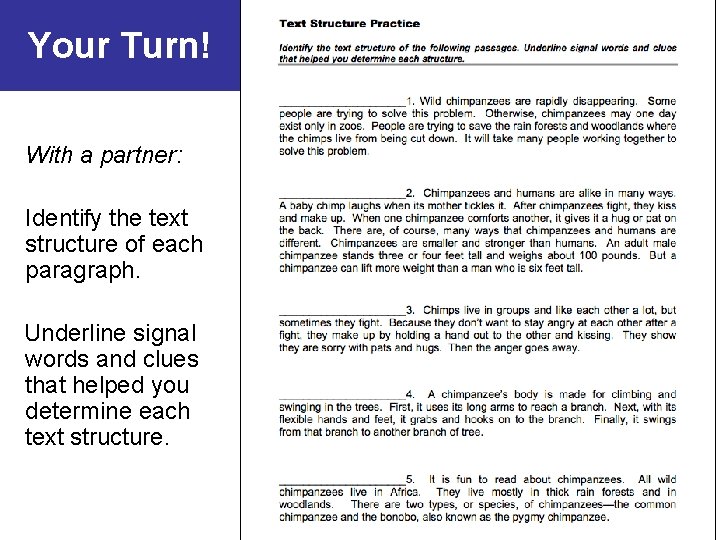 Your Turn! With a partner: Identify the text structure of each paragraph. Underline signal