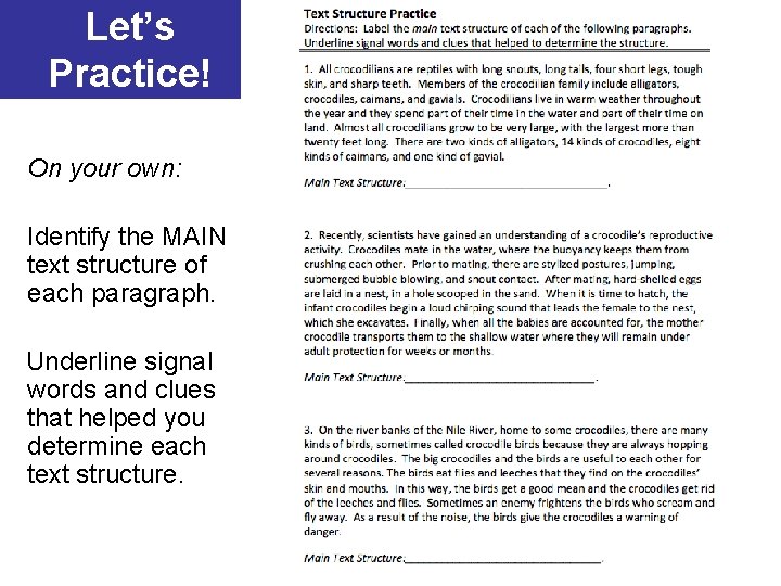 Let’s Practice! On your own: Identify the MAIN text structure of each paragraph. Underline