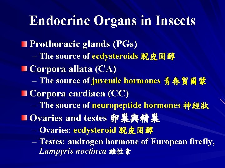 Endocrine Organs in Insects Prothoracic glands (PGs) – The source of ecdysteroids 脫皮固醇 Corpora