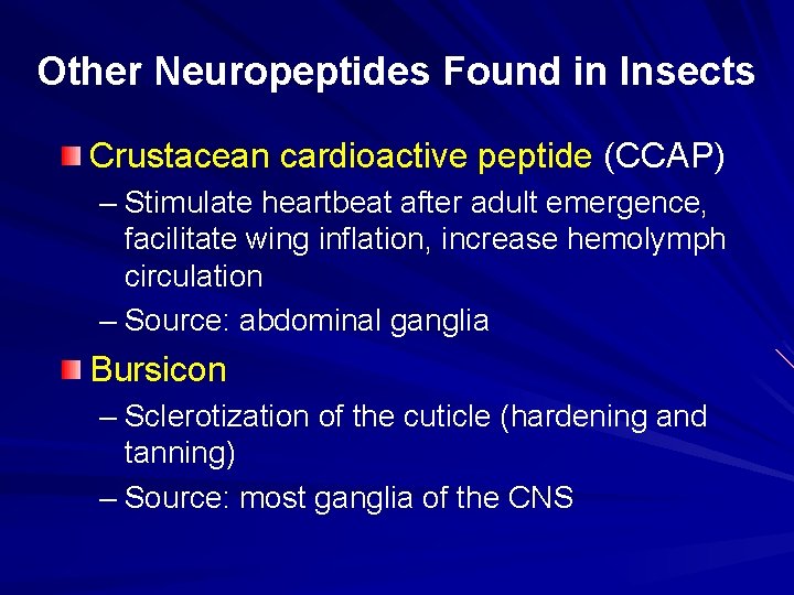Other Neuropeptides Found in Insects Crustacean cardioactive peptide (CCAP) – Stimulate heartbeat after adult
