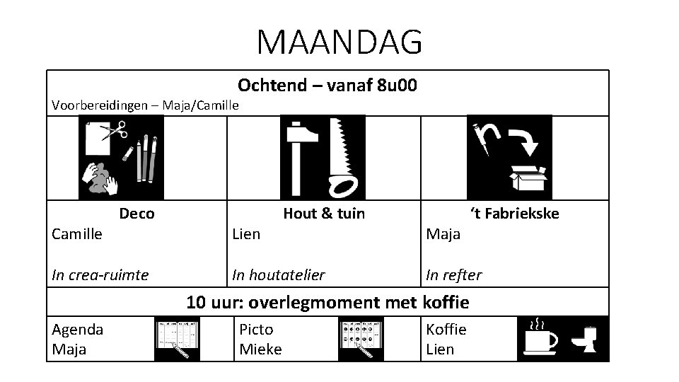 MAANDAG Ochtend – vanaf 8 u 00 Voorbereidingen – Maja/Camille Deco In crea-ruimte Lien