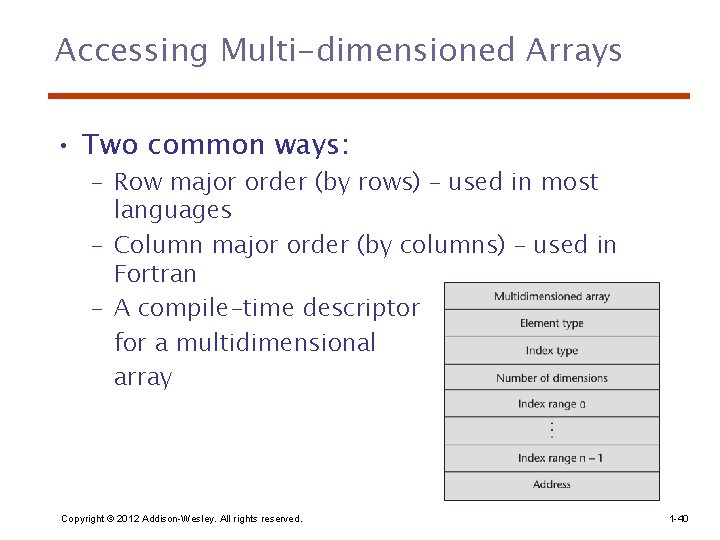 Accessing Multi-dimensioned Arrays • Two common ways: – Row major order (by rows) –