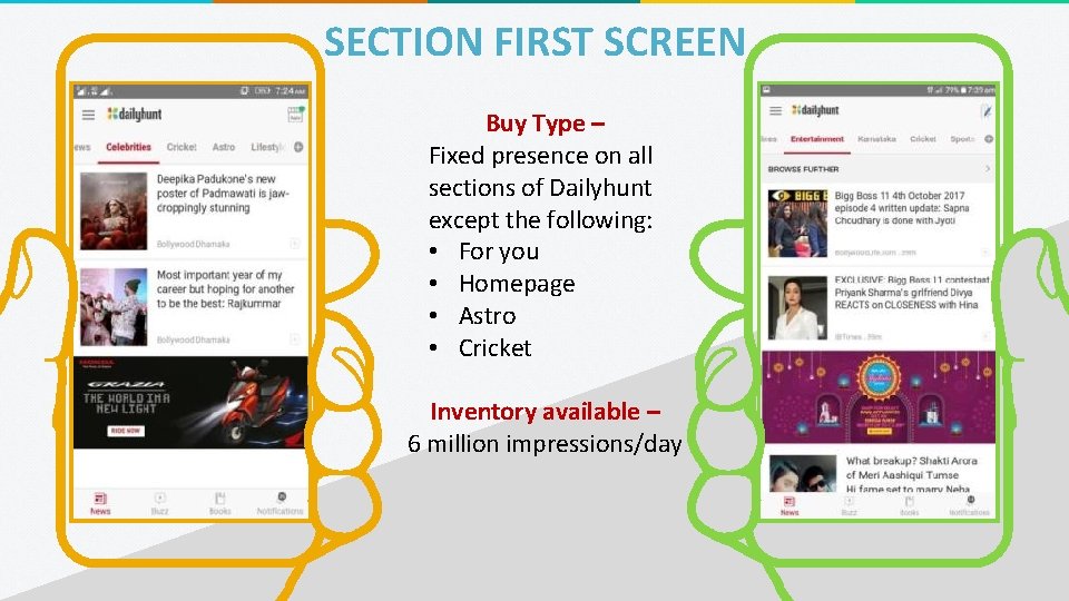 SECTION FIRST SCREEN Buy Type – Fixed presence on all sections of Dailyhunt except