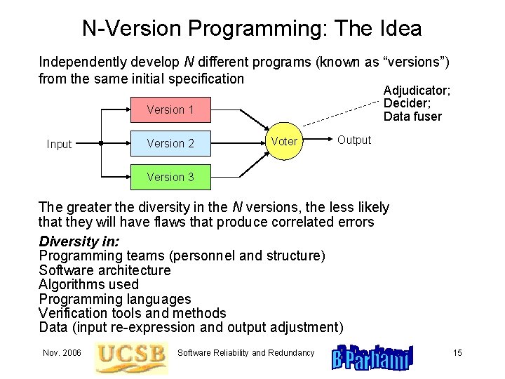 N-Version Programming: The Idea Independently develop N different programs (known as “versions”) from the N-Version Programming: The Idea Independently develop N different programs (known as “versions”) from the