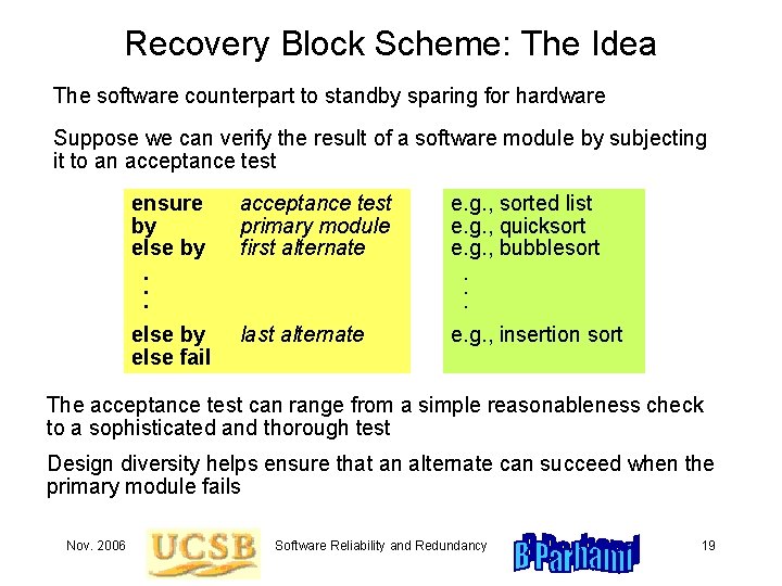 Recovery Block Scheme: The Idea The software counterpart to standby sparing for hardware Suppose Recovery Block Scheme: The Idea The software counterpart to standby sparing for hardware Suppose