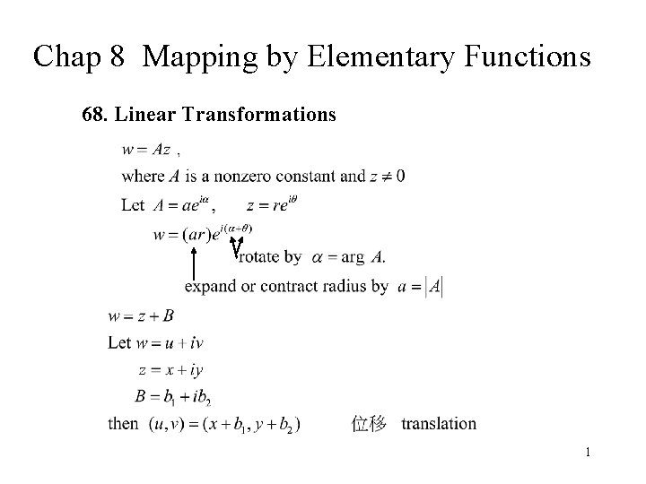 Chap 8 Mapping by Elementary Functions 68. Linear Transformations 1 