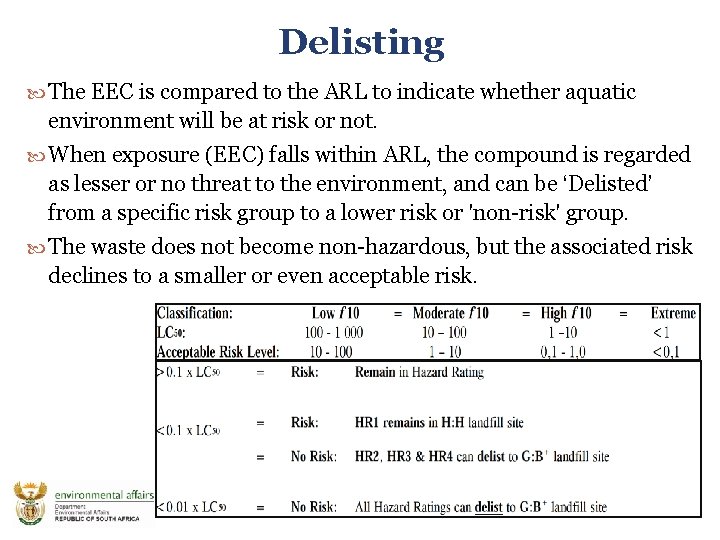 Delisting The EEC is compared to the ARL to indicate whether aquatic environment will