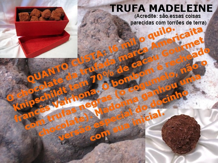 TRUFA MADELEINE (Acredite: são essas coisas parecidas com torrões de terra) . o a