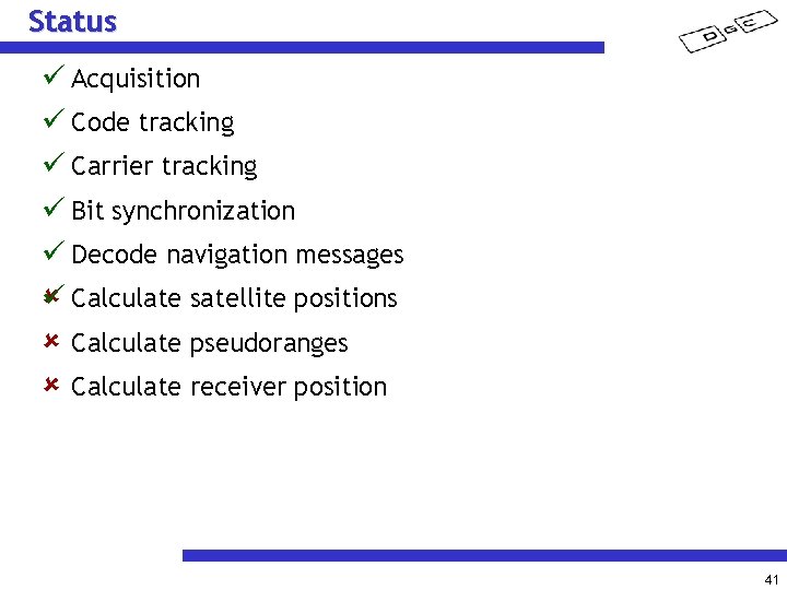 Status Acquisition Code tracking Carrier tracking Bit synchronization Decode navigation messages Calculate satellite positions