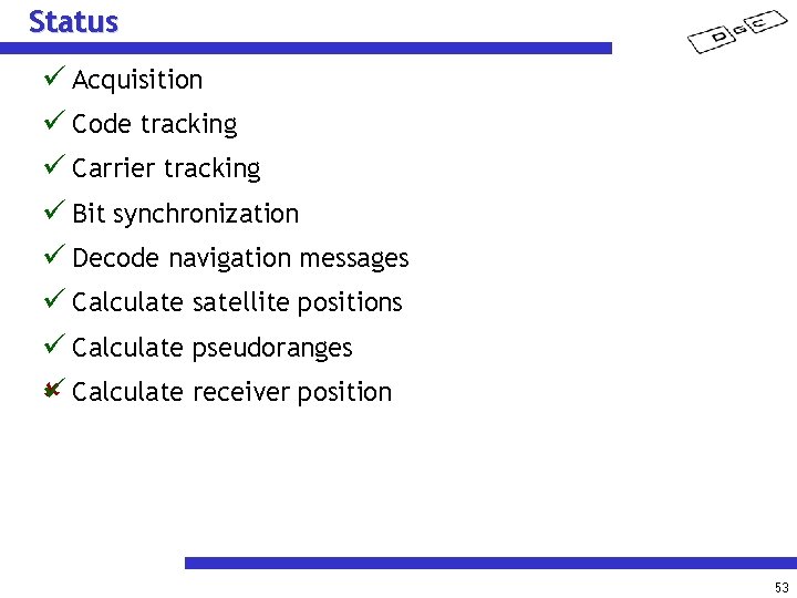 Status Acquisition Code tracking Carrier tracking Bit synchronization Decode navigation messages Calculate satellite positions