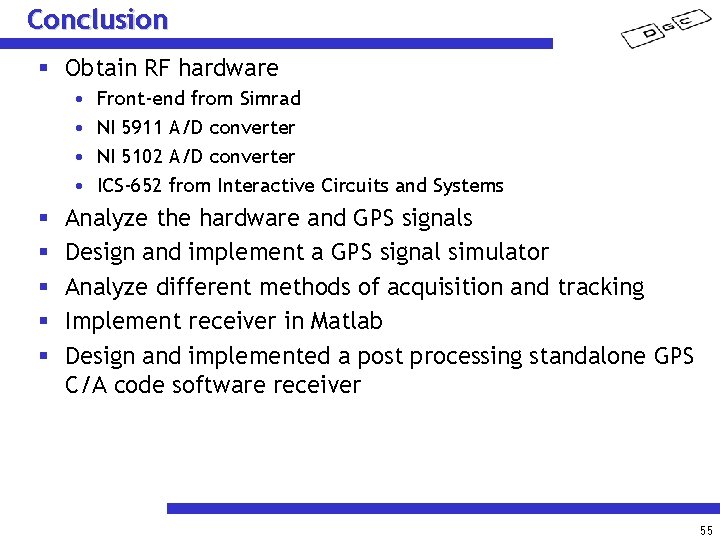 Conclusion § Obtain RF hardware • • § § § Front-end from Simrad NI