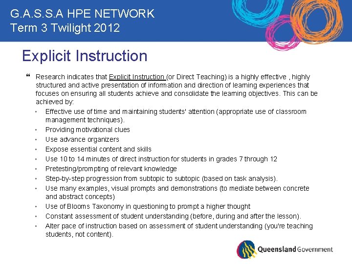 G. A. S. S. A HPE NETWORK Term 3 Twilight 2012 Explicit Instruction Research