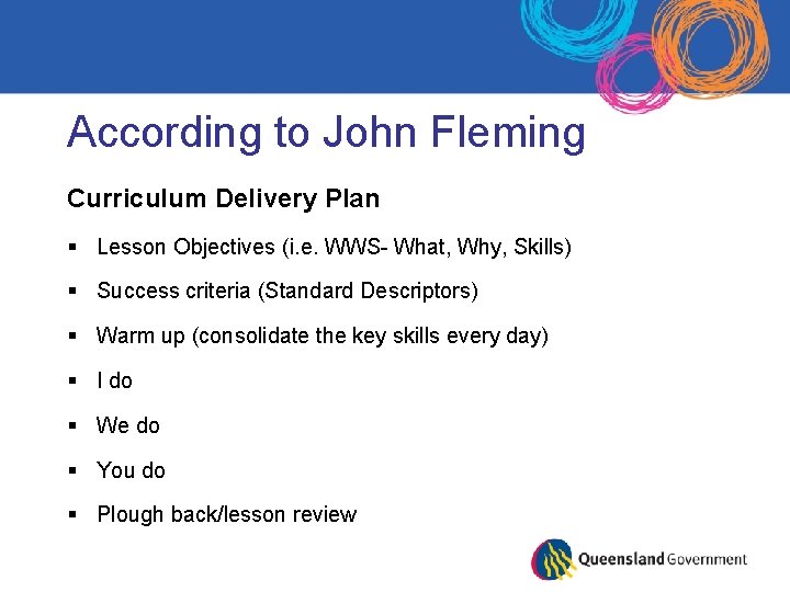 According to John Fleming Curriculum Delivery Plan § Lesson Objectives (i. e. WWS- What,