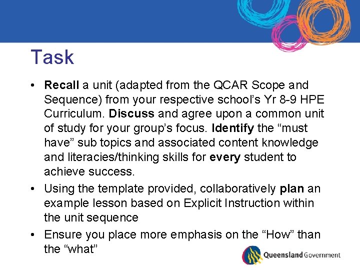 Task • Recall a unit (adapted from the QCAR Scope and Sequence) from your