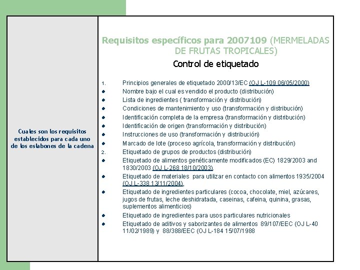 Requisitos específicos para 2007109 (MERMELADAS DE FRUTAS TROPICALES) Control de etiquetado 1. l l
