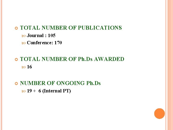  TOTAL NUMBER OF PUBLICATIONS Journal : 105 Conference: 170 TOTAL NUMBER OF Ph.