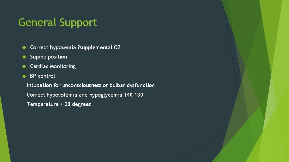 General Support Correct hypoxemia ? supplemental O 2 Supine position Cardiac Monitoring BP control