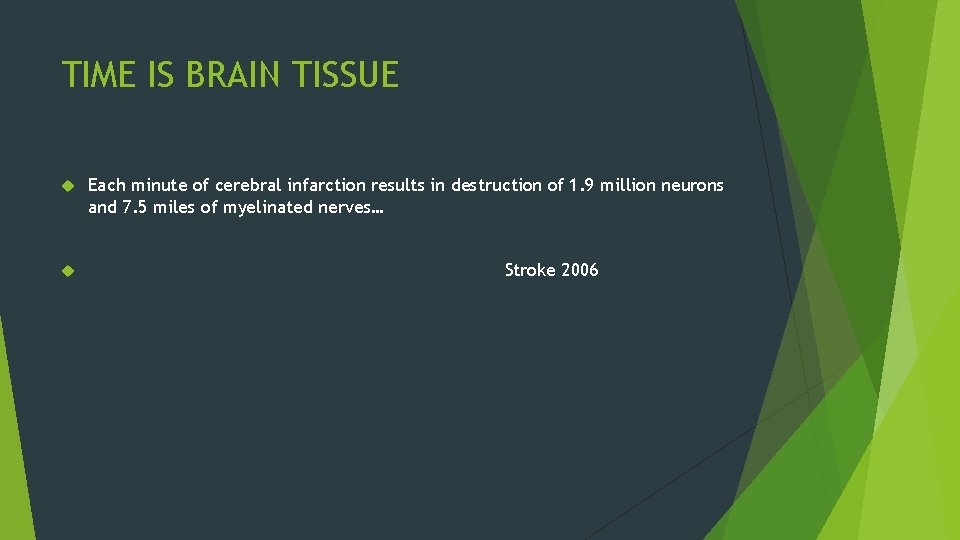 TIME IS BRAIN TISSUE Each minute of cerebral infarction results in destruction of 1.